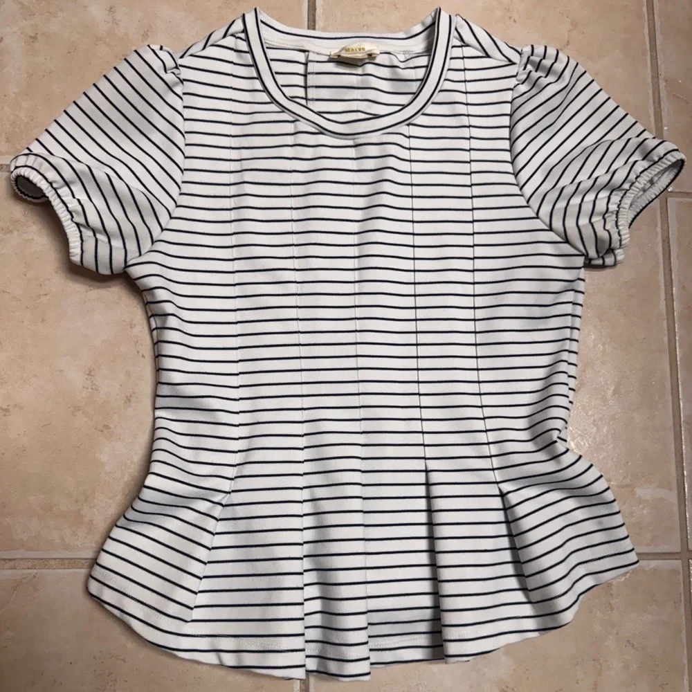 Maeve by Anthropologie Corset Peplum Puff Sleeves Striped Top